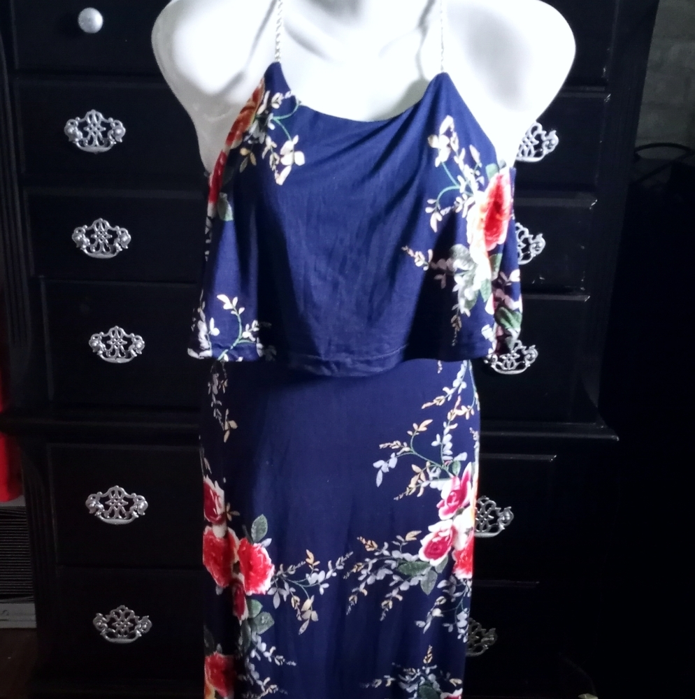 Navy and Floral Skintight Calf Length Dress